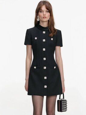 Black round-neck mini short-sleeved dress